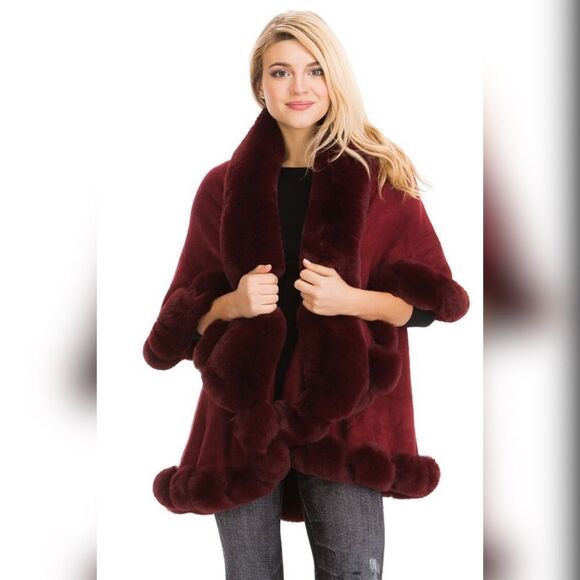 Luxury Burgundy Faux Fur Double Layer Cape Coat - Picture 4 of 13